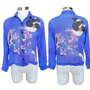 Chico’s Silk Sheer Blouse Geisha Button Up Long Sleeve Size 0 Small